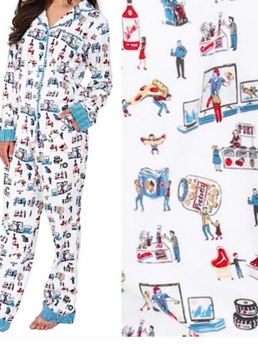munki munki Costco Sample Pizza TV Pajama Set with Blue Striped  Trim NWT XL